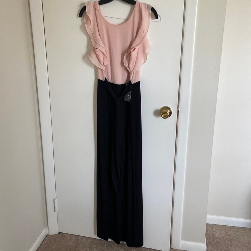Chic Pale Pink and Black Wide Leg JumpSuit Ruffle and Belted Women Size 6